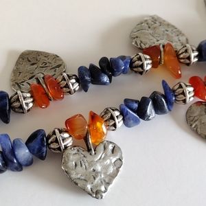 Textured Pewter Hearts Orange and Purple Glass Beaded Necklace Vintage